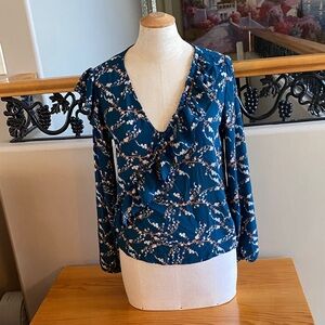 Melrose and Market long sleeved teal blue ruffled blouse with floral design. Med